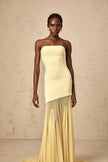 Josiane yellow off-shoulder sheer tulle maxi dress by FJØRNA, flowing dress with off-the-shoulder neckline and delicate sheer fabric.