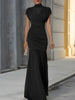 FJØRNA draped high-neck ruched mermaid maxi dress for women, showcases elegant design and figure-flattering silhouette.