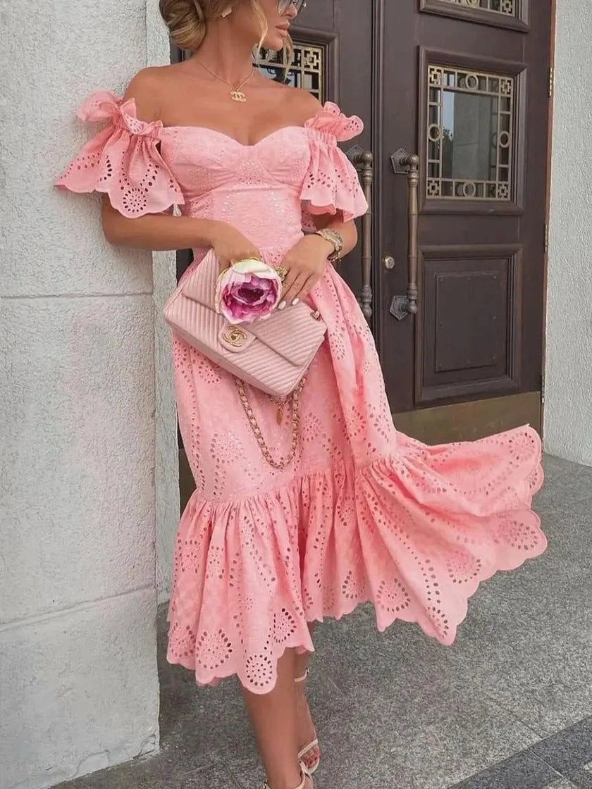 Pink FJØRNA off-shoulder midi dress for women, featuring an elegant A-line design and stylish midi length.