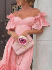 Pink off-shoulder midi dress by FJØRNA featuring an elegant A-line silhouette and feminine design for women.