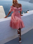 Pink FJØRNA off-shoulder midi dress for women, elegant A-line design, showcasing a stylish and feminine dress silhouette.