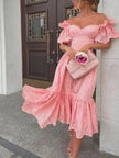 Pink off-shoulder midi dress by FJØRNA featuring an elegant A-line design, perfect for women's stylish summer or evening wear.