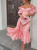 Pink off-shoulder midi dress by FJØRNA featuring an elegant A-line design, perfect for women's stylish summer or evening wear.