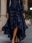 FJØRNA midnight blue satin maxi dress with draped design and ruffle details, elegant evening dress with flowing silhouette.