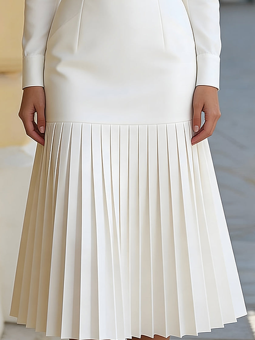 FJØRNA high-neck belted long-sleeve pleated midi dress for women, featuring a fitted waist and flowing skirt in a stylish design.