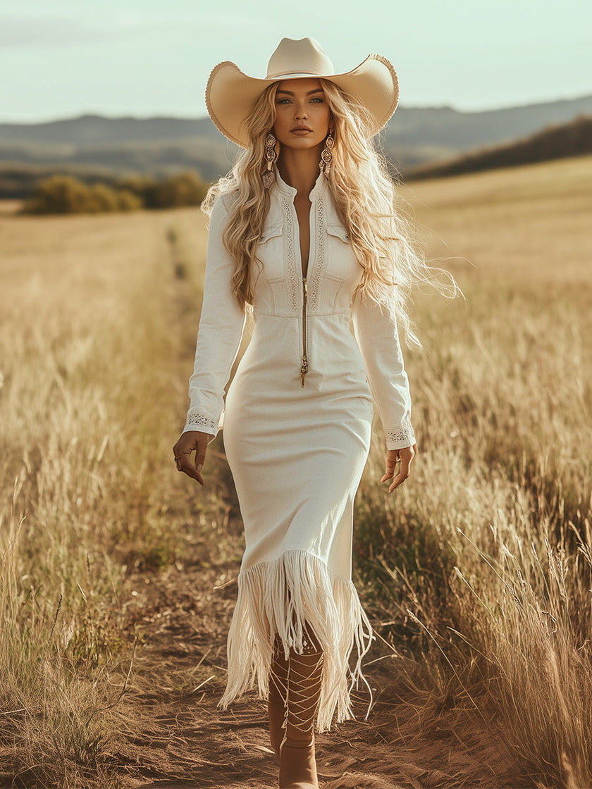 White Denim Tassel Maxi Dress | Casual Dress