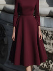 FJØRNA structured burgundy midi dress with boat neck for women, featuring a sleek, elegant design perfect for formal occasions.