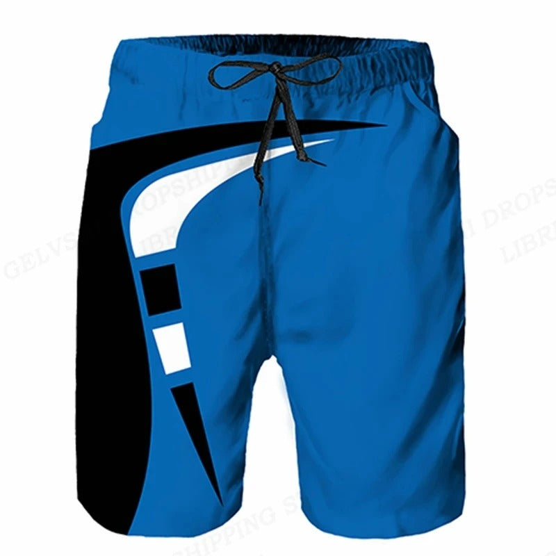 Men's graphic print swim shorts by FJØRNA with drawstring, featuring vibrant pattern and lightweight fabric for beach or pool swimming.