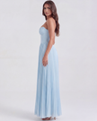 Women's strapless pleated maxi dress with corset bodice by FJØRNA, shown in a topaz color.