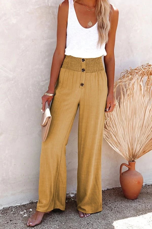 FJØRNA lightweight summer women's trousers with high waist, relaxed fit, and elastic waistband in a casual bottom collection style.