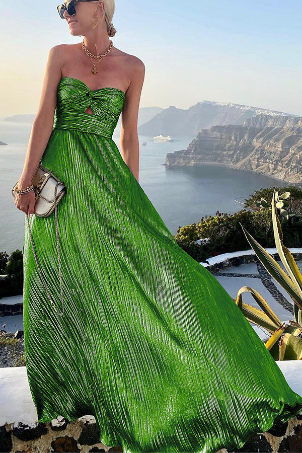 FJØRNA Celeste women's strapless A-line evening gown with pleated metallic fabric, elegant and sophisticated for formal occasions.