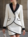 FJØRNA contrast trim tuxedo blazer and skirt set, elegant party dress with tailored fit and stylish design, perfect for formal occasions.