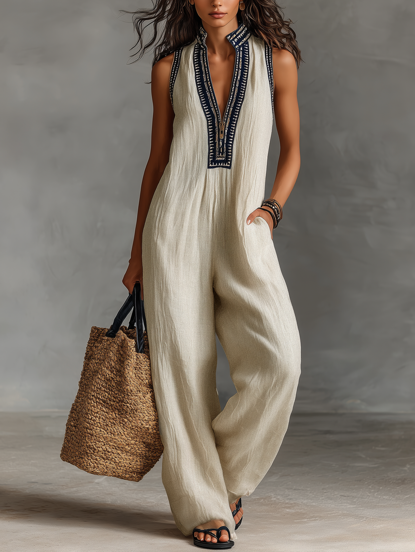 FJØRNA linen blend sleeveless jumpsuit for women with stand collar and embroidery details, featuring stylish pant design.