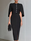 FJØRNA black cape-sleeve midi sheath dress displayed on a model with sleek silhouette and elegant design.