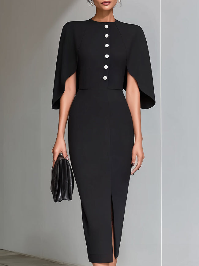 FJØRNA black cape-sleeve midi sheath dress, elegant cocktail dress with flowing cape sleeves and fitted silhouette.