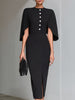 FJØRNA black cape-sleeve midi sheath dress displayed on a model with sleek silhouette and elegant design.