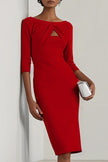 FJØRNA solid color round neck slim-fit midi dress with hollowed-out design, elegant and tailored for a sophisticated look.