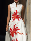 FJØRNA modern mandarin collar floral maxi dress with artistic red lily print, elegant and flowing for stylish summer wear.