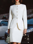 FJØRNA elegant tailored skirt suit with sculpted peplum jacket, mini dress style for women, stylish and sophisticated outfit.