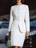 FJØRNA elegant tailored skirt suit with sculpted peplum jacket, mini dress style for women, stylish and sophisticated outfit.
