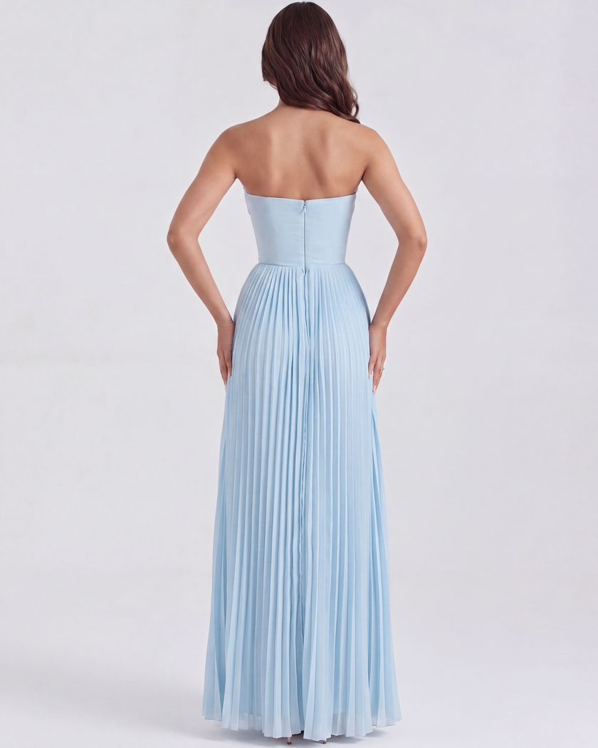 FJØRNA women's strapless pleated maxi dress with corset bodice and flowing skirt, elegant evening dress for women.