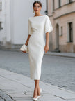 FJØRNA boat neck short sleeve tailored midi dress displayed on a mannequin, showcasing a sleek, elegant dress design.