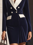 FJØRNA navy blazer dress for women featuring contrast lapel, tailored fit, double-breasted style, perfect for polished looks