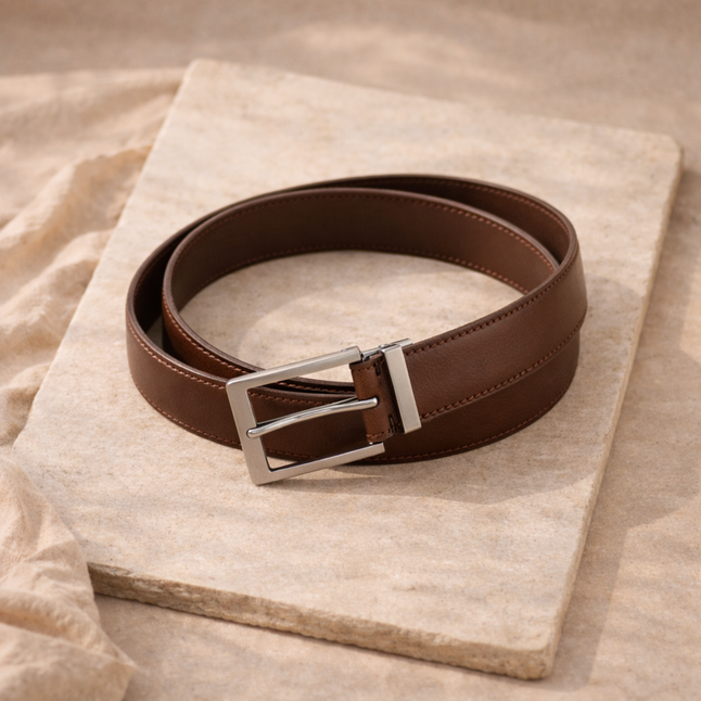 FJØRNA Buckley vegan adjustable ratchet belt in black leather with silver buckle, showcasing modern belt design.