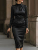 FJØRNA satin gathered-neck ruched-waist pencil dress for women showcasing its elegant fitted silhouette and smooth satin fabric.
