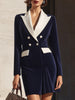 FJØRNA navy tailored double-breasted blazer dress with contrast lapel, fitted style, and structured design for women.