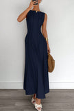 FJØRNA solid color round neck sleeveless pleated maxi dress, elegant casual dress suitable for weddings or casual occasions.