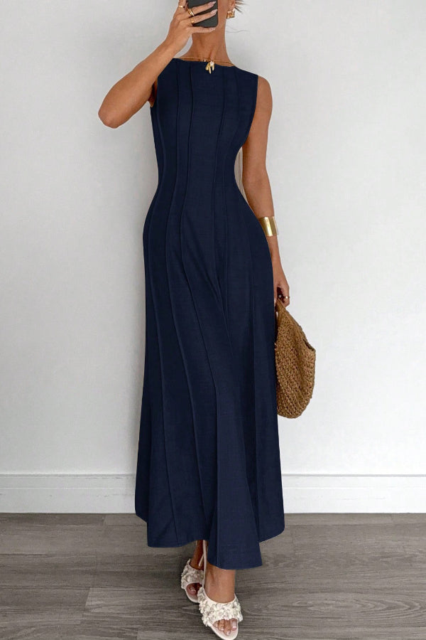 FJØRNA solid color round neck sleeveless pleated maxi dress, elegant casual dress suitable for weddings or casual occasions.
