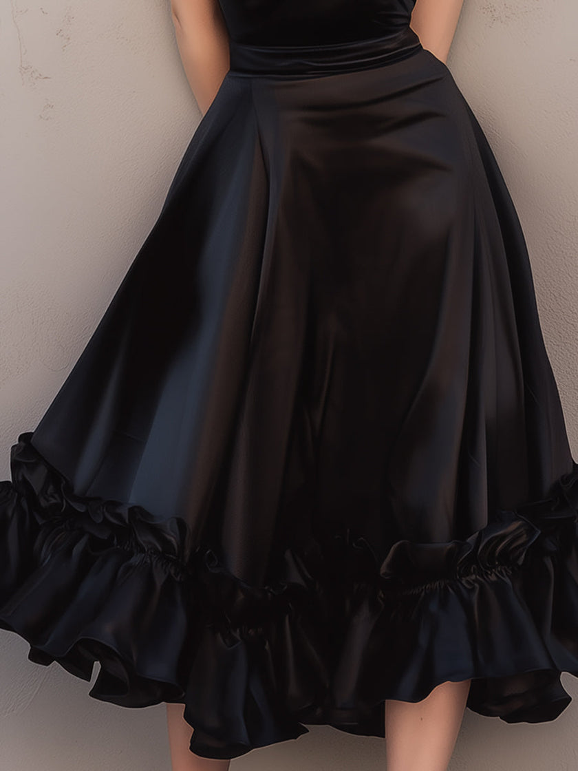 FJØRNA satin ruffled midi dress with spaghetti straps, featuring a flowy design and elegant satin fabric.