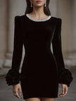 FJØRNA elegant velvet mini dress with embellished neckline and floral cuff detail, perfect for stylish women.