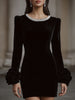 FJØRNA elegant velvet mini dress with embellished neckline and floral cuff detail, perfect for stylish women.