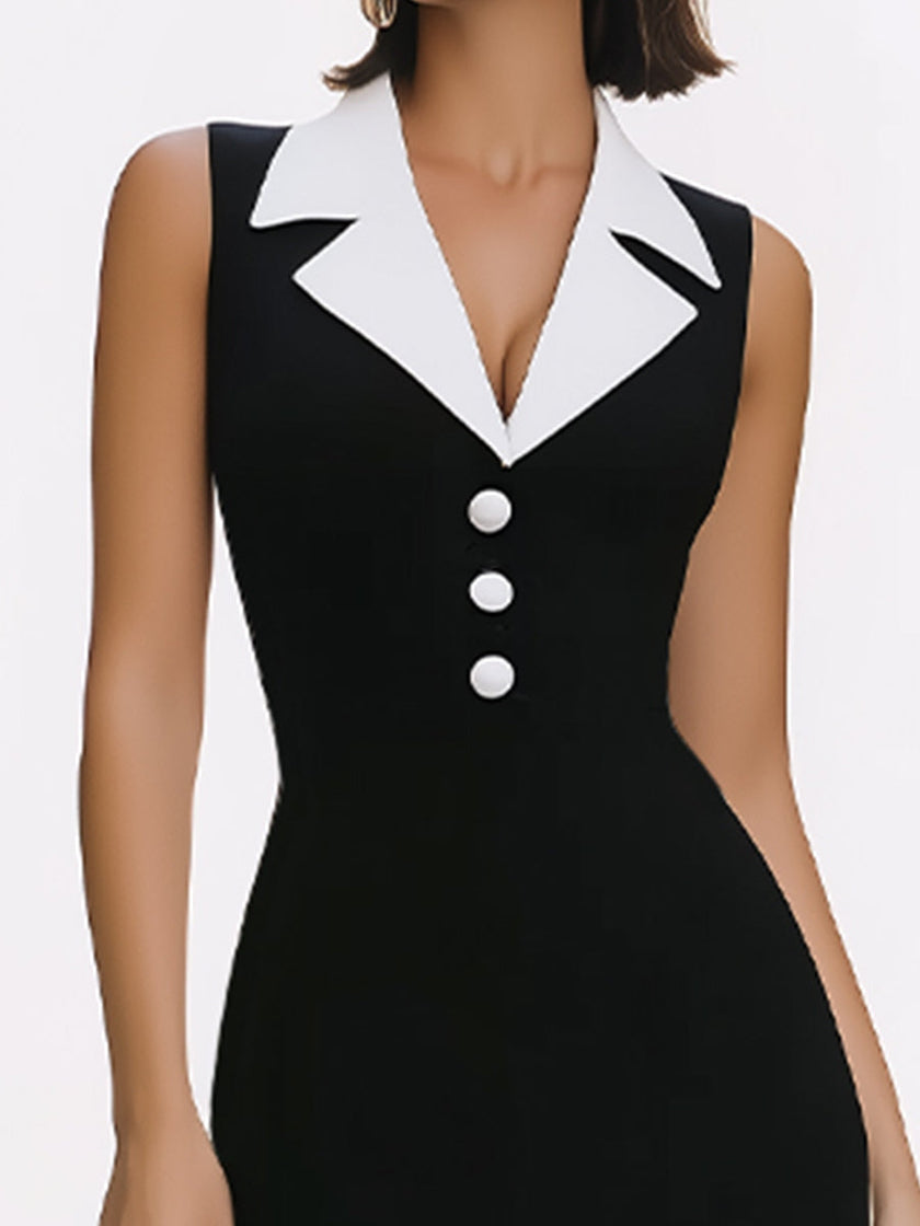 FJØRNA elegant contrast collar sleeveless maxi pencil dress for women, showcasing a fitted design with a stylish collar detail.