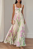 White floral print square neck pleated maxi dress by FJØRNA, featuring a flowing design and elegant floral pattern.