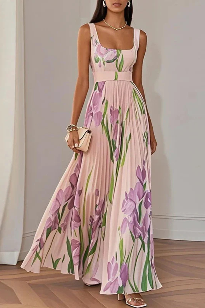 White floral print square neck pleated maxi dress by FJØRNA featuring a flowy design and elegant maxi length.