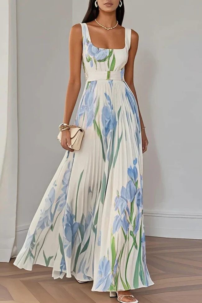 FJØRNA floral print square neck pleated maxi dress in white, featuring a flowing silhouette and elegant design.