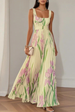 White floral print square neck pleated maxi dress by FJØRNA, featuring a flowing design and elegant style.