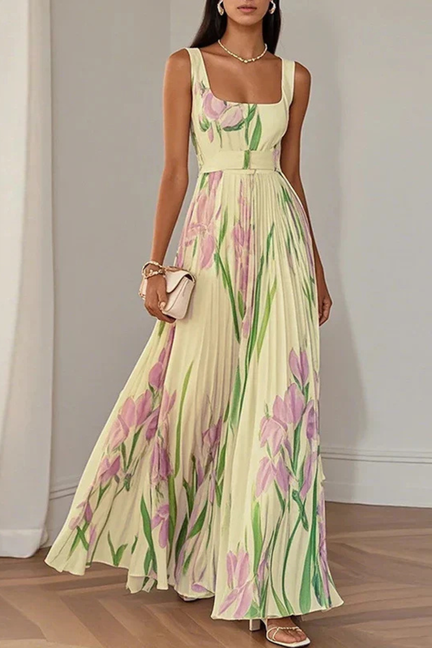 White floral print square neck pleated maxi dress by FJØRNA, featuring a flowing design and elegant style.