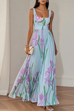 FJØRNA floral print square neck pleated white maxi dress, elegant sleeveless dress with flowing fabric and floral pattern.