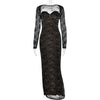 FJØRNA lace backless dress set for women, fishtail silhouette with mesh overlay, elegant evening dress with intricate lace details.