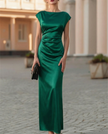 FJØRNA elegant black satin waist-tie column midi dress for women, featuring a sleek silhouette and sophisticated design.