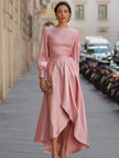 FJØRNA elegant satin long-sleeve high-low evening dress for women, featuring a flowing silhouette and sophisticated design.