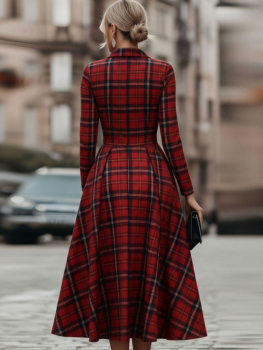 FJØRNA elegant long sleeve plaid dress featuring a classic yet contemporary design, showcased on a model against a neutral background.