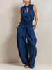Dark blue cotton-linen women's jumpsuit by FJØRNA with round neck, sleeveless design, slim-fit, and pants style.