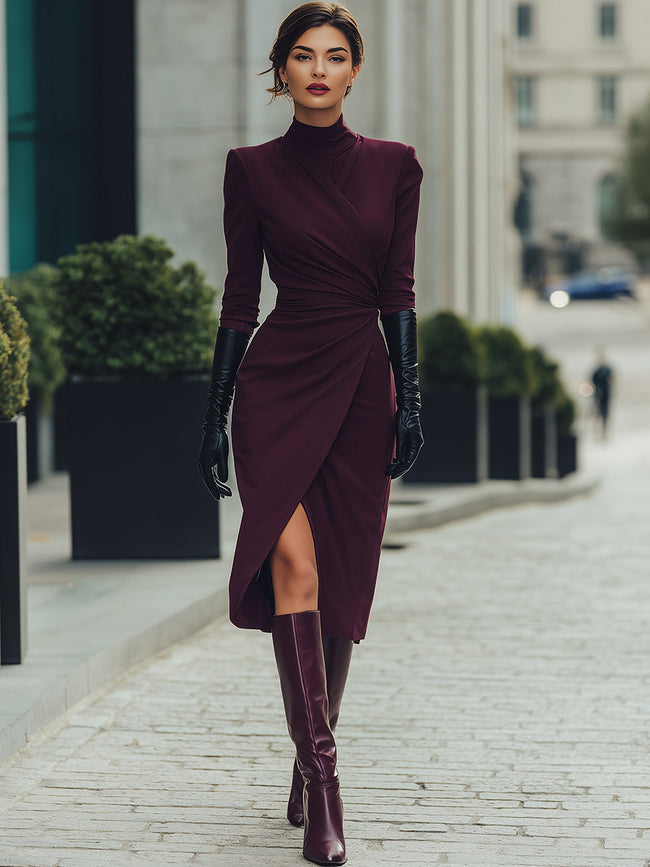 Deep burgundy FJØRNA draped wrap midi dress, summer business dress with elegant draping and a fitted waist.
