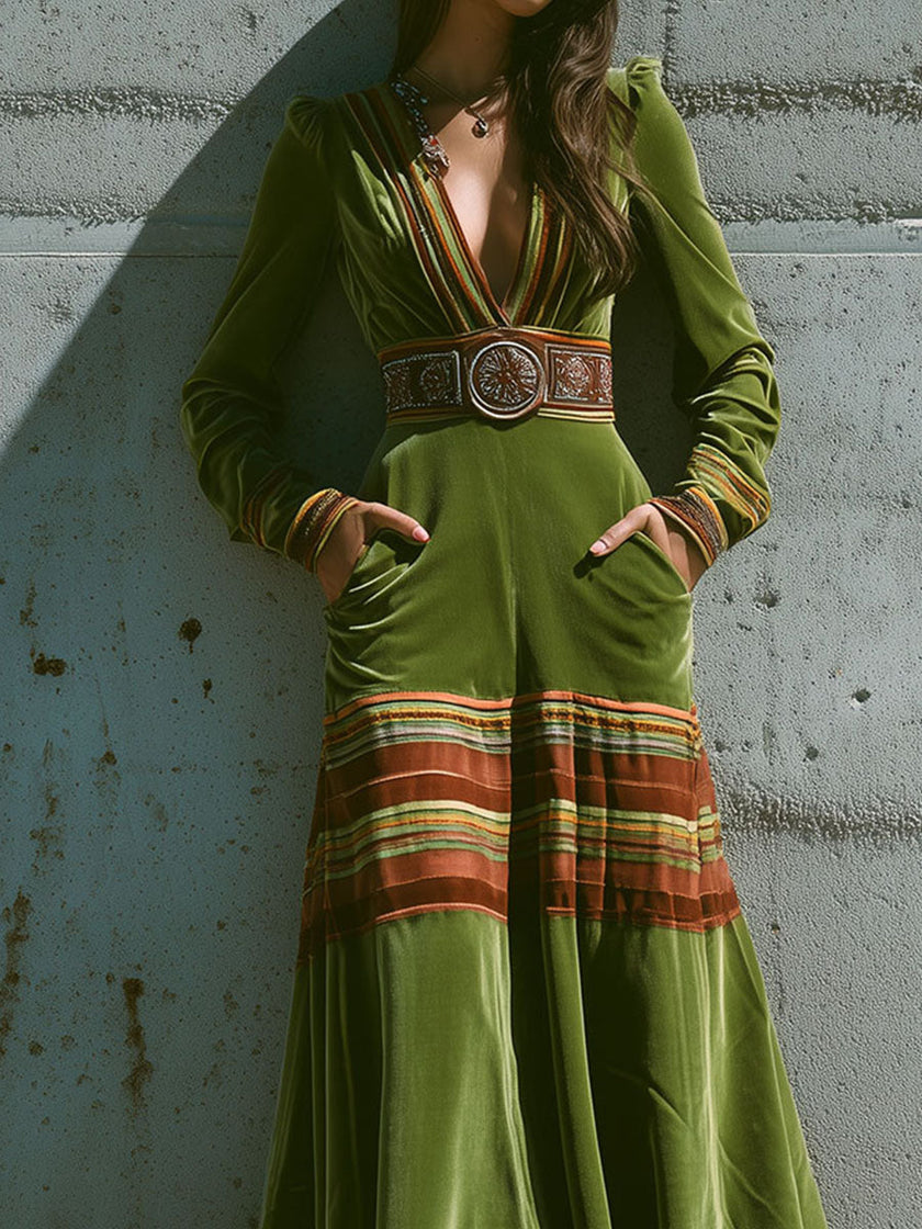 Olive green velvet maxi dress with striped hem by FJØRNA, featuring boho style and flowing silhouette.