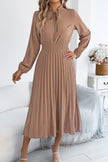 FJØRNA solid color long-sleeved fitted waist pleated midi dress, elegant and stylish for formal occasions.